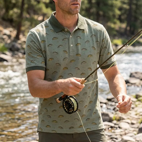 Vintage Fish Pattern Fishing Polo Shirt