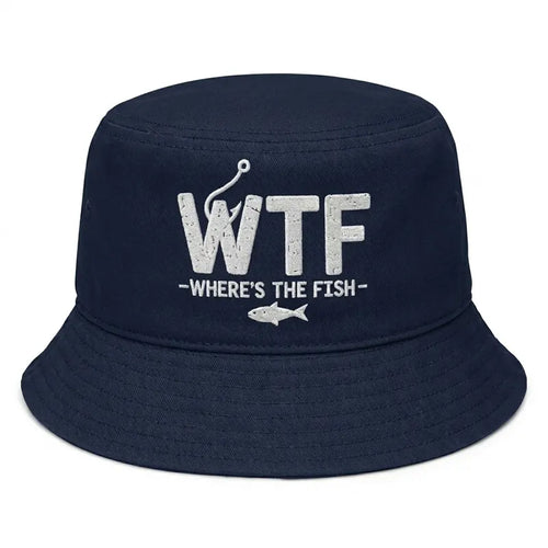WTF Where’s The Fish Distressed Embroidered Bucket Hat