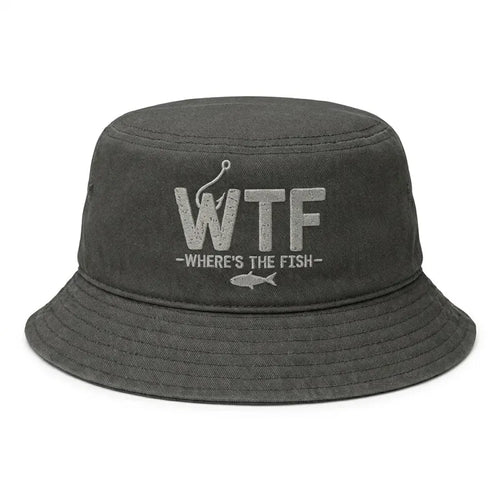 WTF Where’s The Fish Distressed Embroidered Bucket Hat
