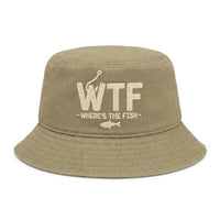 WTF Where’s The Fish Distressed Embroidered Bucket Hat