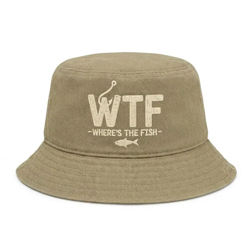 WTF Where’s The Fish Distressed Embroidered Bucket Hat