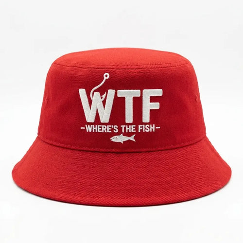 WTF Where’s The Fish Distressed Embroidered Bucket Hat