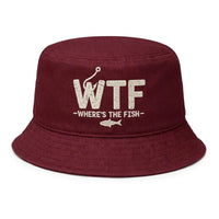WTF Where’s The Fish Distressed Embroidered Bucket Hat