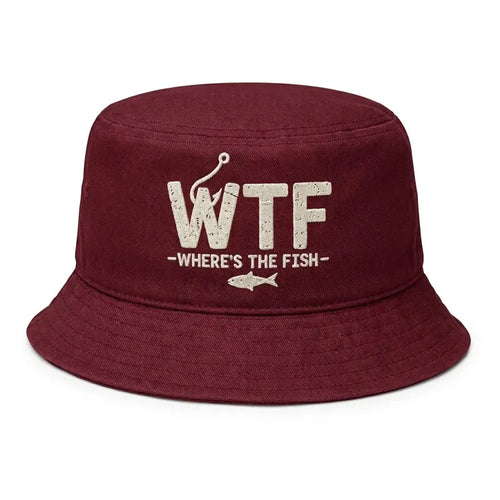 WTF Where’s The Fish Distressed Embroidered Bucket Hat