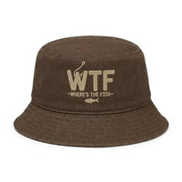 WTF Where’s The Fish Distressed Embroidered Bucket Hat