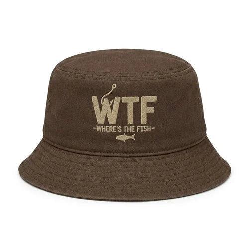 WTF Where’s The Fish Distressed Embroidered Bucket Hat