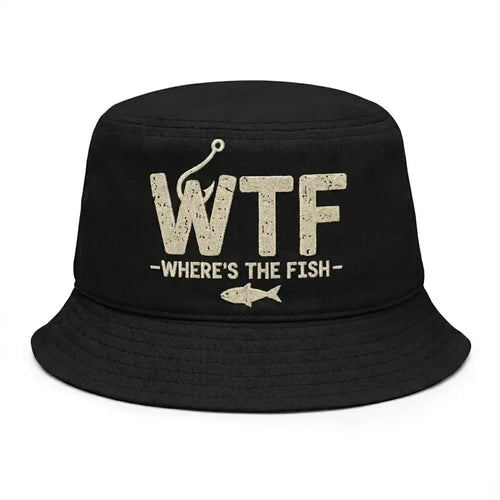WTF Where’s The Fish Distressed Embroidered Bucket Hat