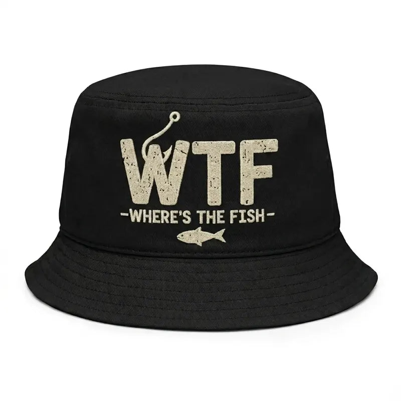 WTF Where’s The Fish Distressed Embroidered Bucket Hat