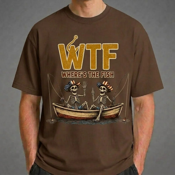 WTF Where's the Fish Funny Skeleton Fishing T-Shirt