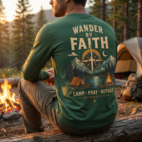Wander By Faith Camp Pray Repeat Christian Camping Long Sleeve Shirt