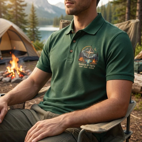 Wander By Faith Camp Pray Repeat Christian Camping Polo Shirt