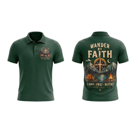 Wander By Faith Camp Pray Repeat Christian Camping Polo Shirt
