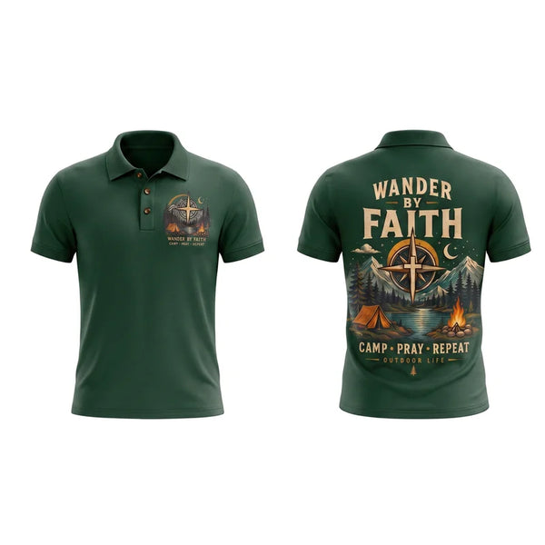 Wander By Faith Camp Pray Repeat Christian Camping Polo Shirt