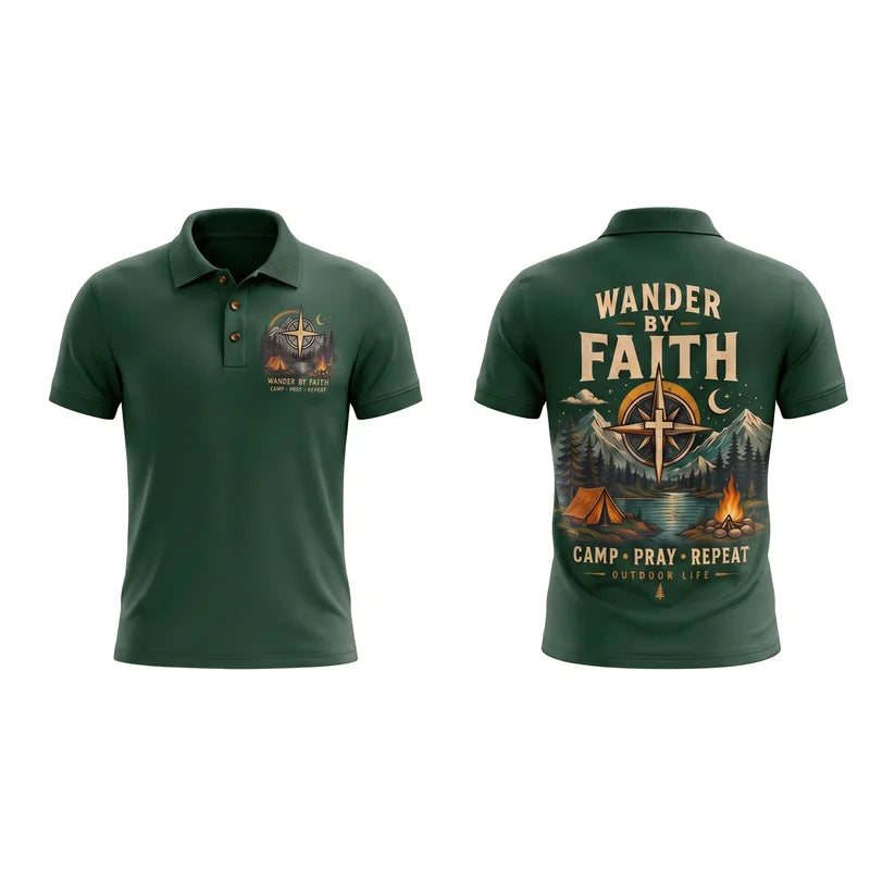 Wander By Faith Camp Pray Repeat Christian Camping Polo Shirt