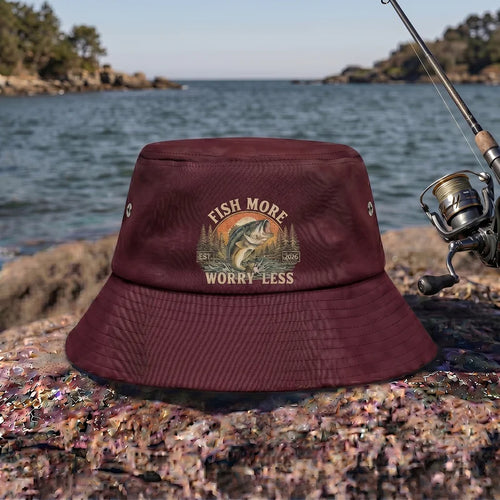 Fish More Worry Less Fishing Embroidered Bucket Hat