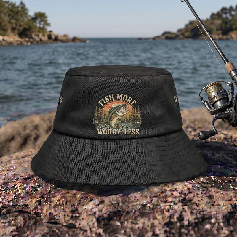 Fish More Worry Less Fishing Embroidered Bucket Hat