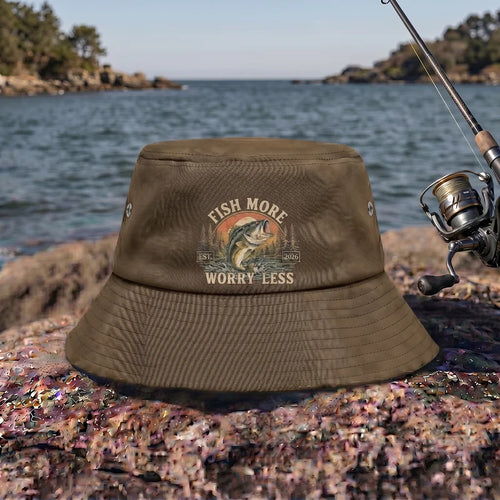 Fish More Worry Less Fishing Embroidered Bucket Hat