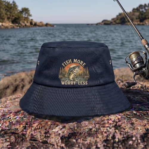 Fish More Worry Less Fishing Embroidered Bucket Hat