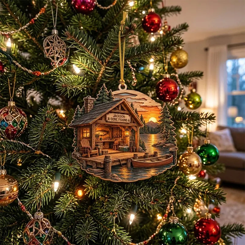 Personalized Fishing Cabin Christmas Wooden Ornament