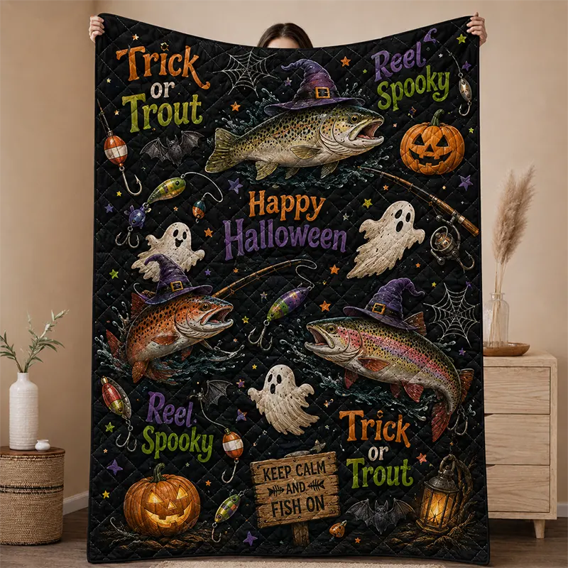 Halloween Fishing Trick or Trout Quilt Blanket