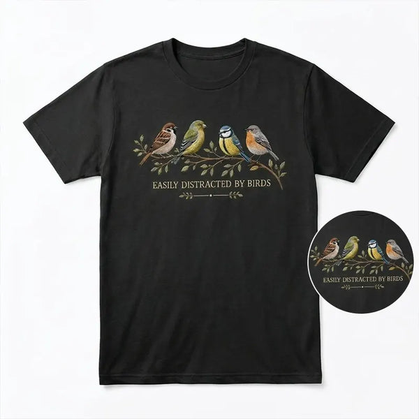 Easily Distracted by Birds Embroidered T-Shirt