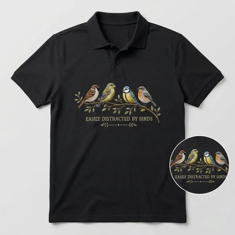 Easily Distracted by Birds Embroidered Polo Shirt
