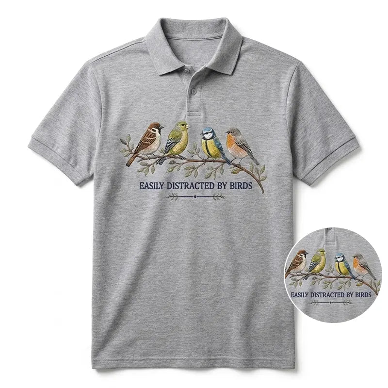 Easily Distracted by Birds Embroidered Polo Shirt