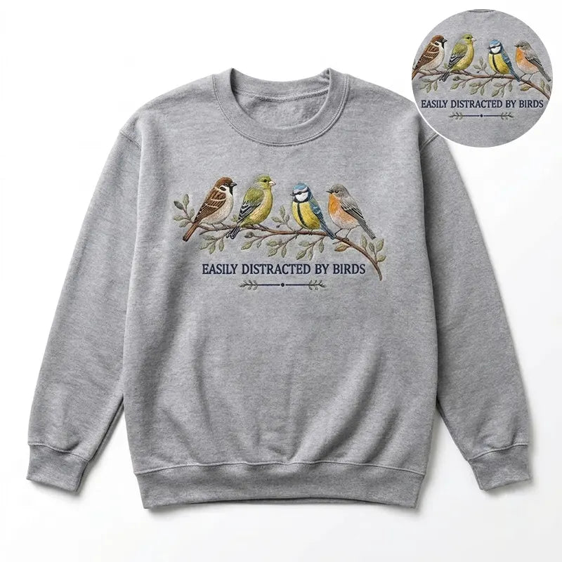 Easily Distracted by Birds Sweater – Print & Embroidery