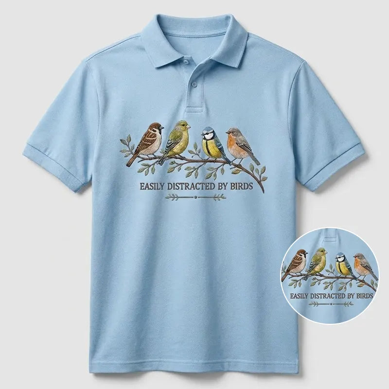 Easily Distracted by Birds Embroidered Polo Shirt