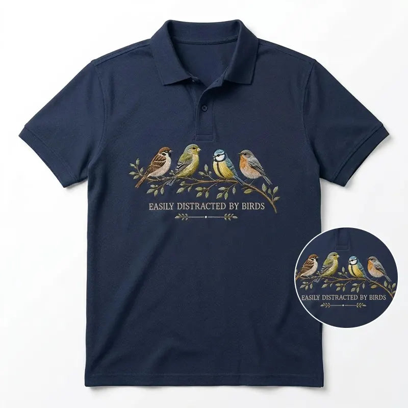 Easily Distracted by Birds Embroidered Polo Shirt
