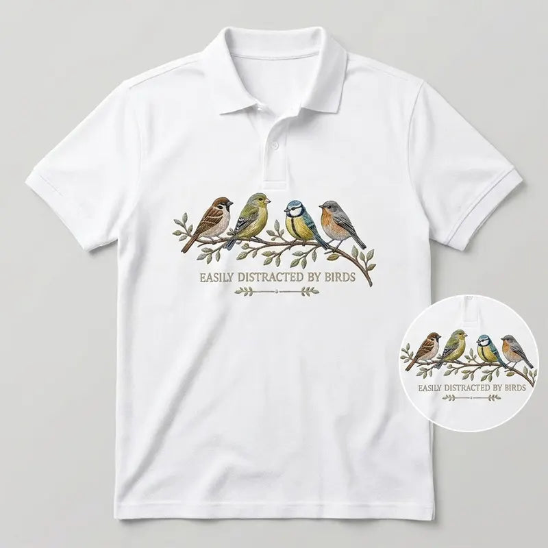 Easily Distracted by Birds Embroidered Polo Shirt