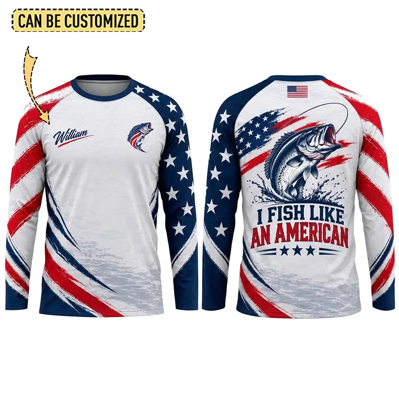 Custom American Bass Fishing Patriotic Long Sleeve Shirt