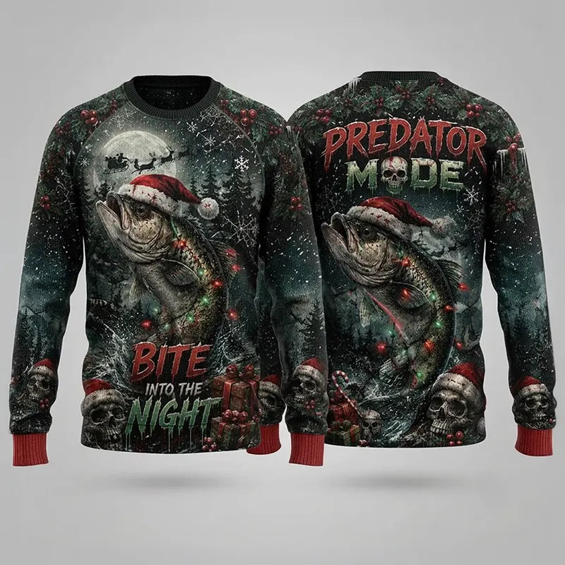 Bite Into the Night Bass Fishing Ugly Christmas Sweater