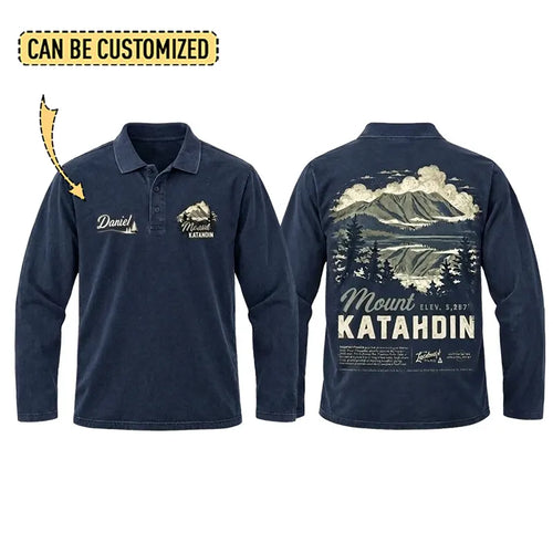 Personalized Mount Katahdin Vintage Hiking Polo Long Sleeve Shirt