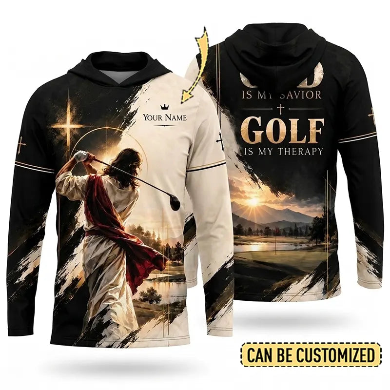 Personalized God Is My Savior Golf Christian Hooded Long Sleeve Shirt