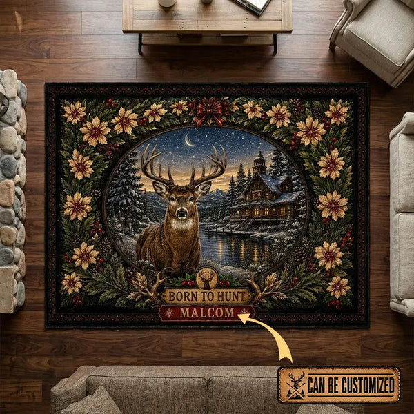 Personalized Born to Hunt Deer Cabin Christmas Vintage Rug