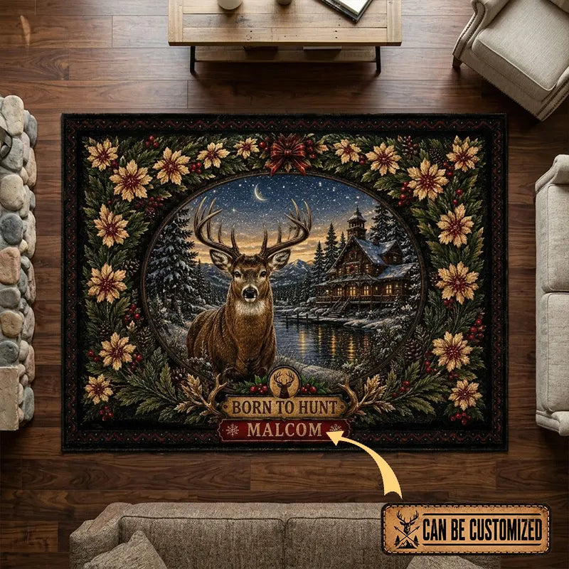 Personalized Born to Hunt Deer Cabin Christmas Vintage Rug