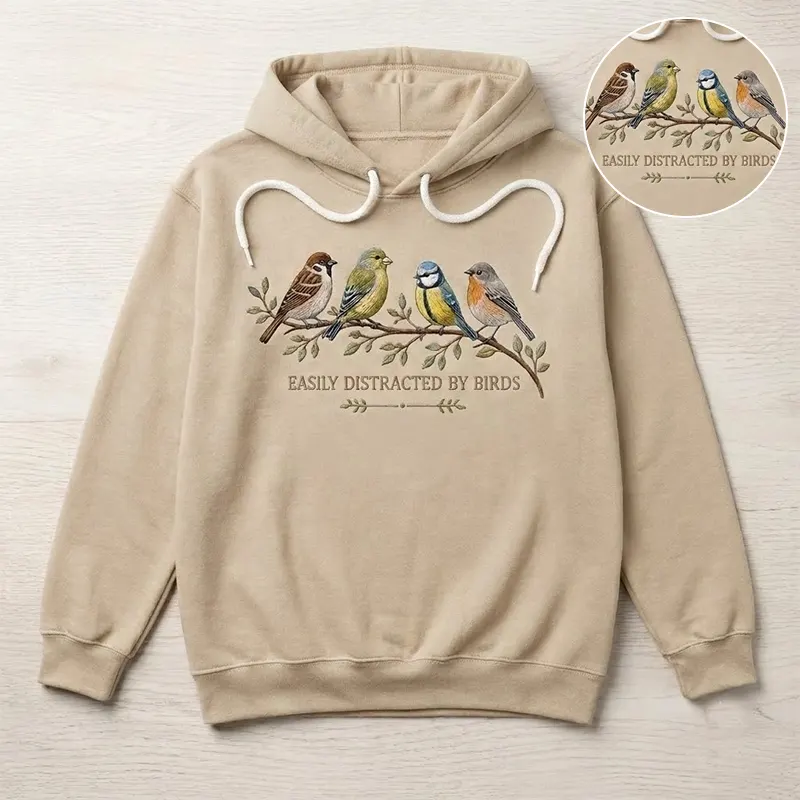 Easily Distracted by Birds Embroidered Hoodie