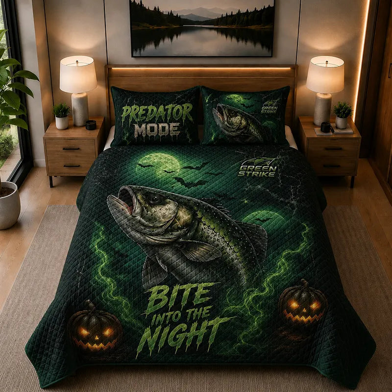Bite Into the Night Halloween Bass Fishing Quilted Bedding Set