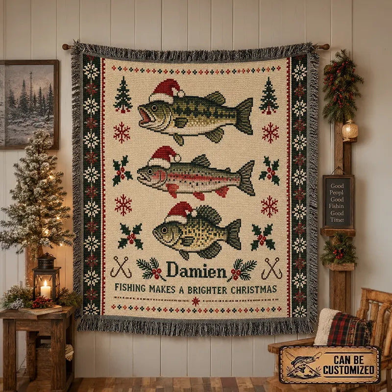 Fishing Makes A Brighter Christmas Santa Hat Fish Tassels Blanket