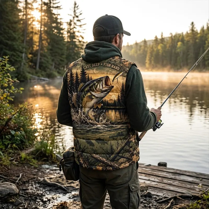 Personalized Fathom Thread Cast Deep Fish Hard Bass Fishing Puffer Vest