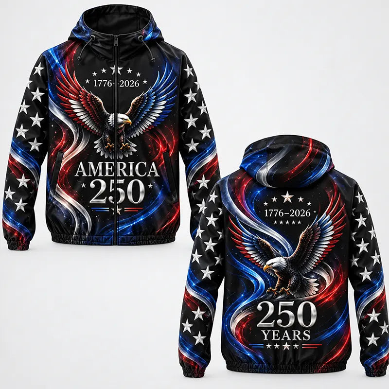 Personalized America 250 Years Bald Eagle Patriotic Windbreaker Jacket