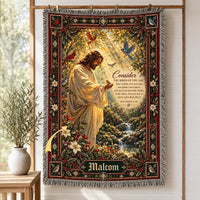 Personalized Matthew 6:26 Jesus Christmas Birds Tassels Blanket