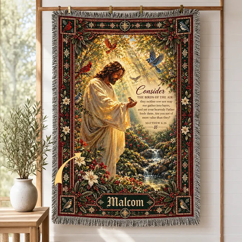 Personalized Matthew 6:26 Jesus Christmas Birds Tassels Blanket
