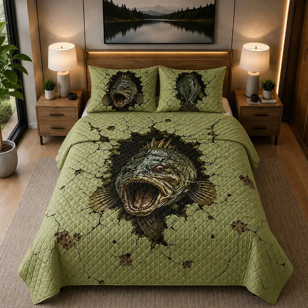Largemouth Bass Breaking Through Quilt Bedding Set