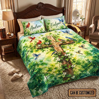 Personalized Christian Cross Birds Watercolor Quilt Bedding Set