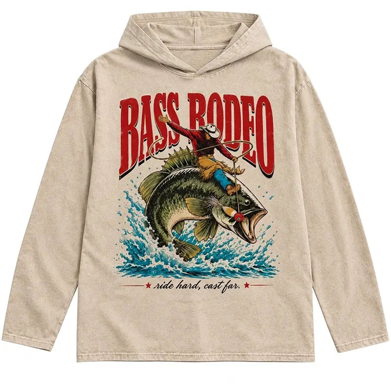 Bass Rodeo Cowboy Fishing Vintage Hooded Long Sleeve Shirt