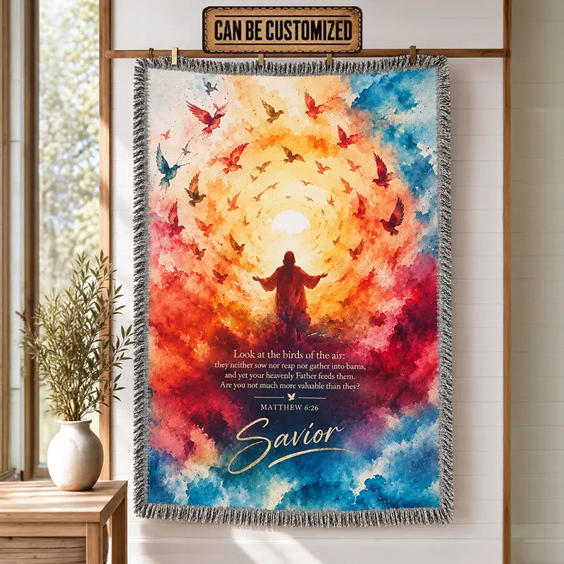 Matthew 6:26 Christian Birds Watercolor Tassels Blanket
