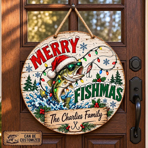 Personalized Merry Fishmas Christmas Round Door Sign