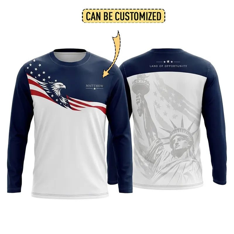 Personalized Land Of Opportunity Bald Eagle American Flag Long Sleeve Shirt